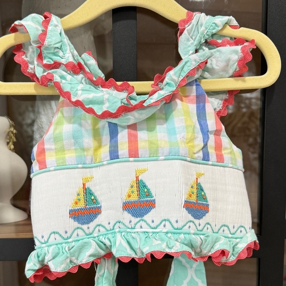 Smocked ruffle sailboats swimsuit top crop bow toddler girl striped stitchy fish - Picture 1 of 5